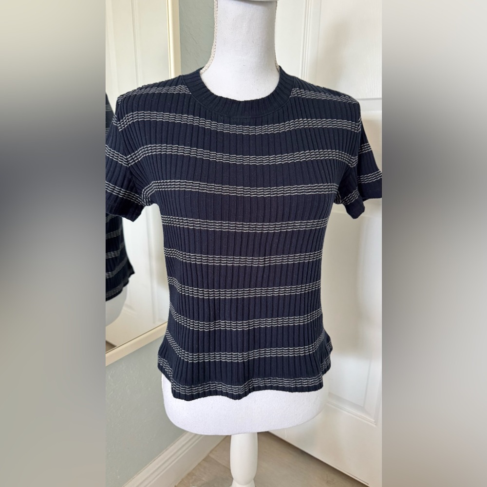 Vince Ribbed Knit Stripe Short Sleeve Top Navy Gray Cotton Stretch Size M